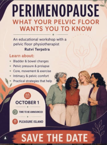 Perimenopause talk flyer, advertising a talk on Oct 1st, 2026.
