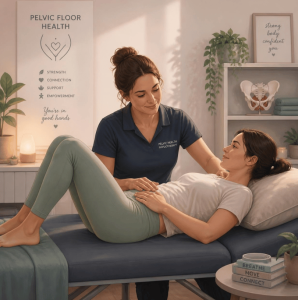 A women with a physiotherapist in a physio clinic.